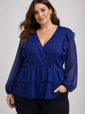 Torrid Blue Leopard Chiffon Ruffled Surplice Peplum Top Plus Size 4X / 4